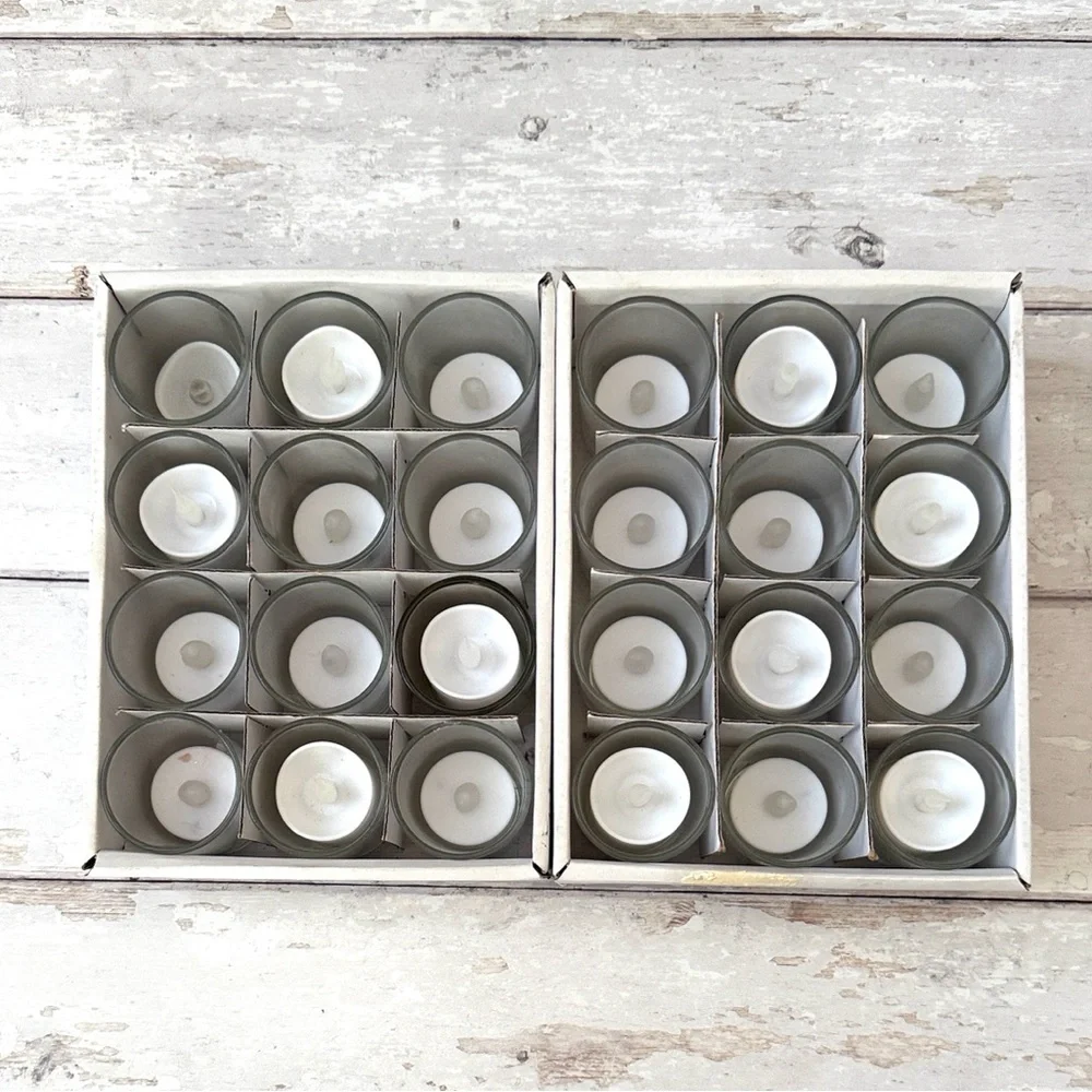 Set of 24 Flameless Tea Light Candles & Glass Cup Holders